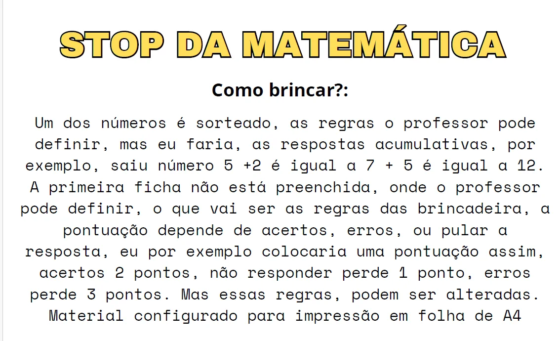 🤚🏻🧮 STOP DA MATEMÁTICA – DESAFIE A TURMA A PENSAR RÁPIDO! — amostra 2: O Stop da Matemática é um recurso pedagógico…