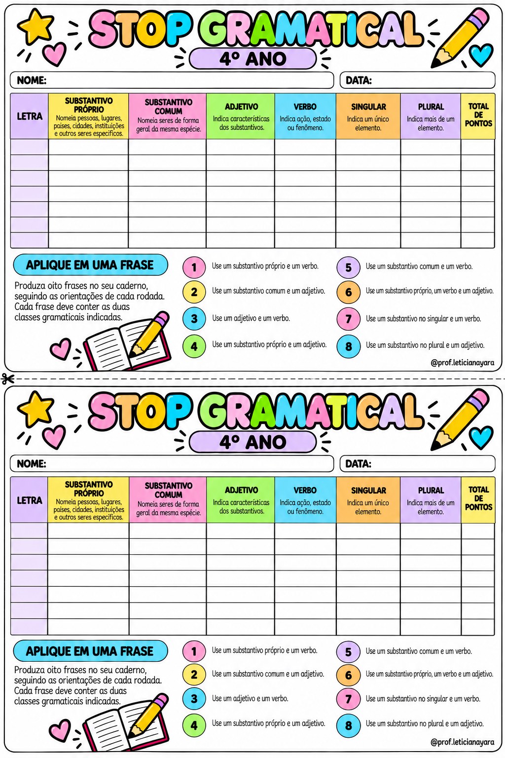 Stop Gramatical: Jogo de Classes Gramaticais — 3º ao 5º Ano — amostra 3: Cartelas de Stop Gramatical — 3º ano