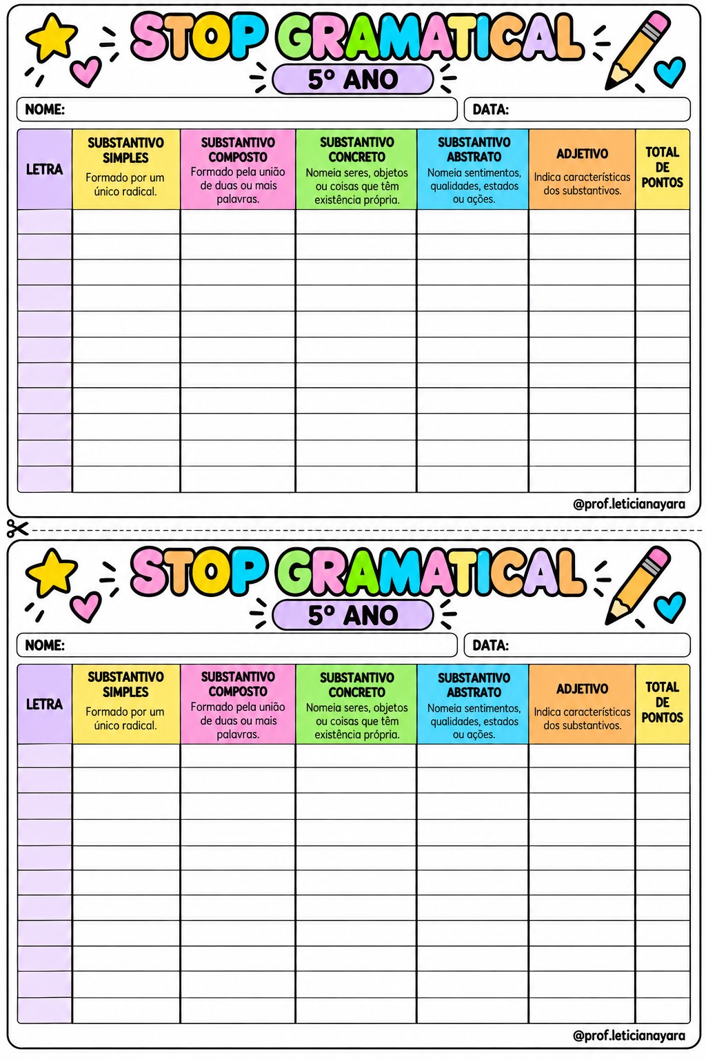 Stop Gramatical: Jogo de Classes Gramaticais — 3º ao 5º Ano — amostra 4: Cartelas de Stop Gramatical — 4º ano