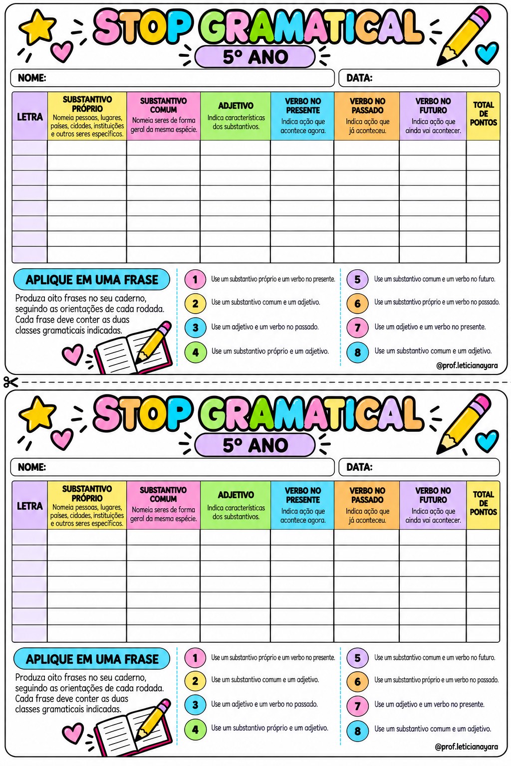 Stop Gramatical: Jogo de Classes Gramaticais — 3º ao 5º Ano — amostra 5: Cartelas de Stop Gramatical — 5º ano