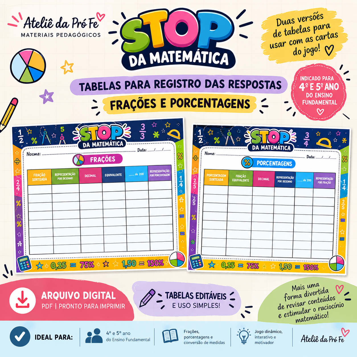 STOP Matemático | Jogo de Frações, Decimais e Porcentagens – 5º Ano — Matemática para 5º ano: DESCRIÇÃO BREVE Transforme a…