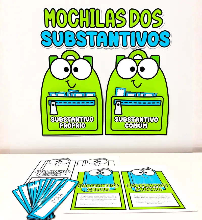 Substantivos comuns e próprios: Mochilas para Classificar — amostra 1: Substantivos comuns e próprios em uma atividade lúdica