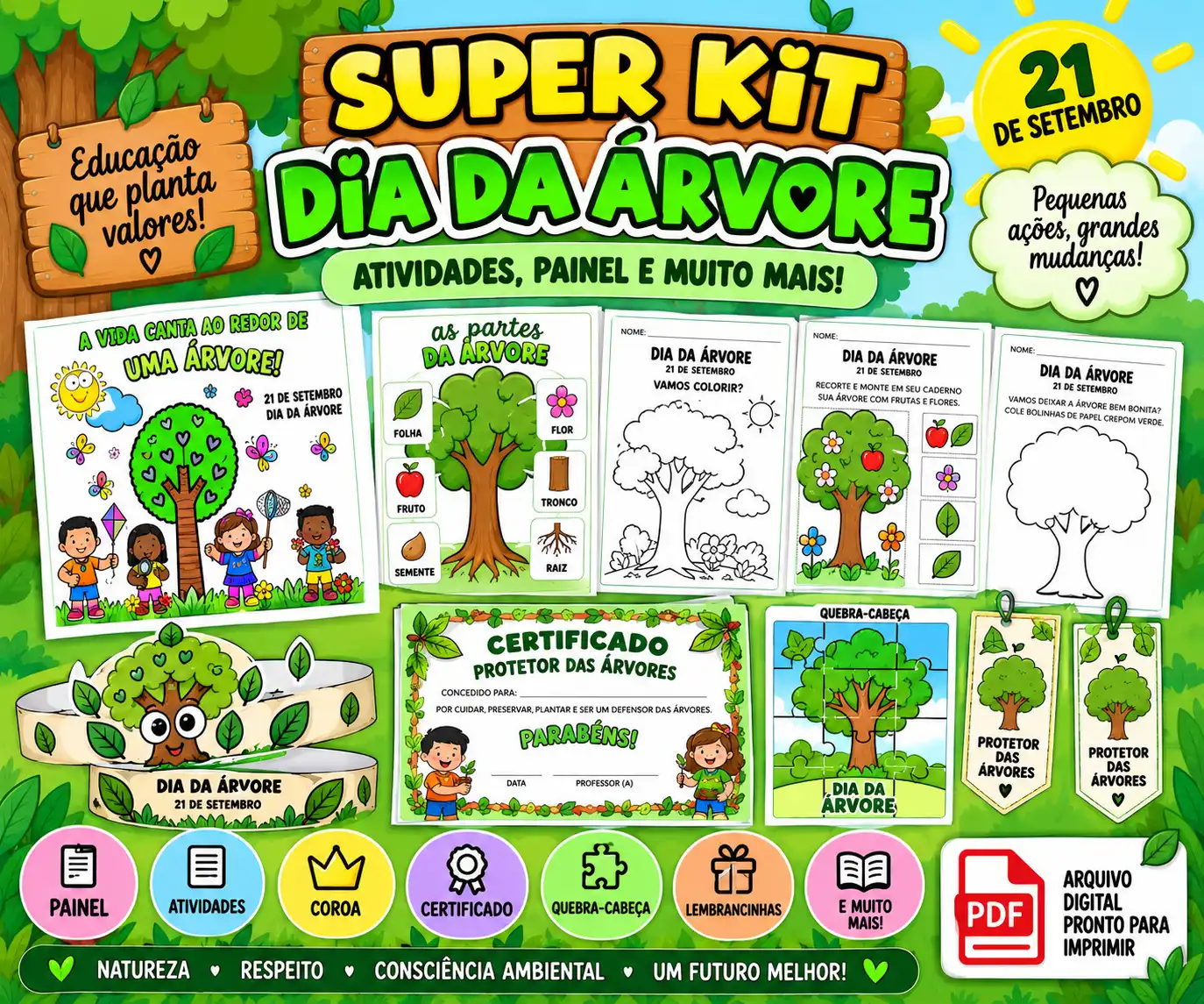 Super Kit Dia da Árvore – Recursos Pedagógicos — amostra 3: Super Kit Dia da Árvore com painel, atividades, coroa,…