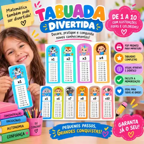 🐯 Tabuada Divertida Ilustrada – Aprender Multiplicação — amostra 2: O material apresenta todas as operações de…