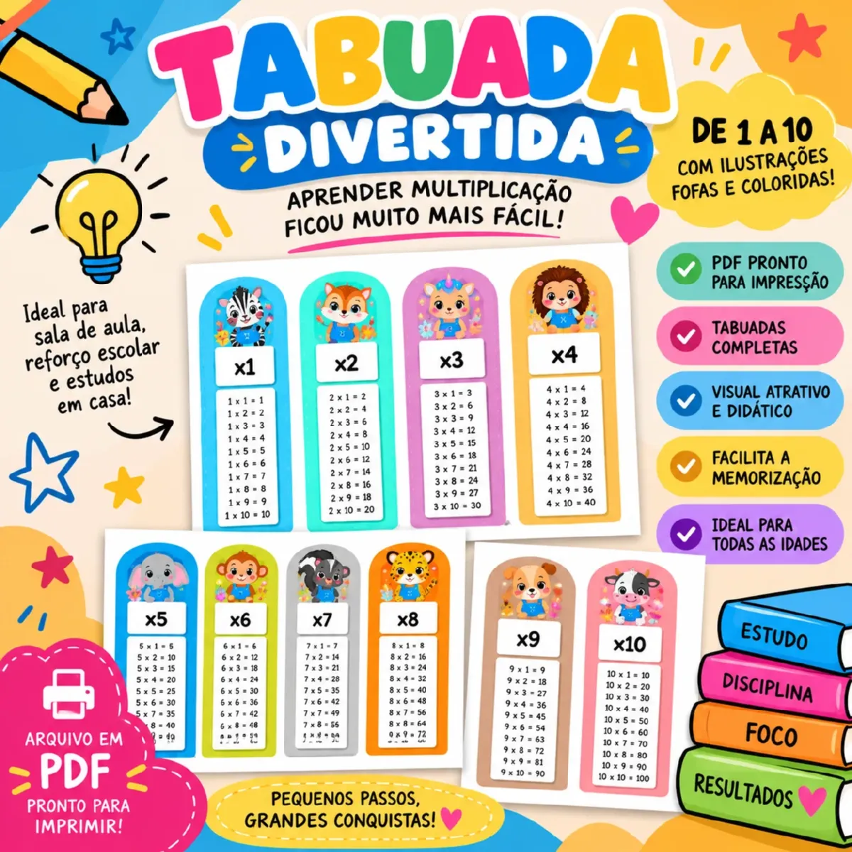 🐯 Tabuada Divertida Ilustrada – Aprender Multiplicação — Matemática para Todas as séries: Tabuada colorida de 1 a 10 com…
