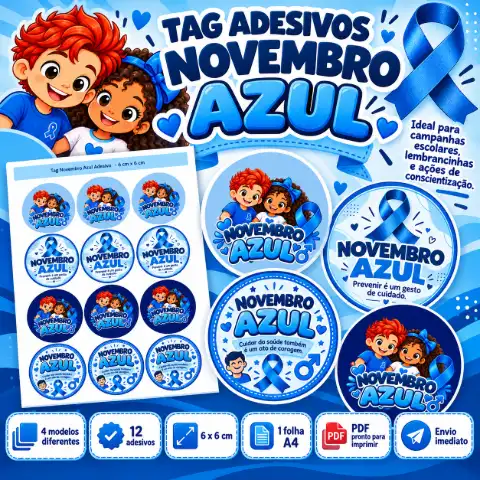 Tag Novembro Azul para imprimir – adesivo de 6 x 6 cm — amostra 2: O que vem no material
