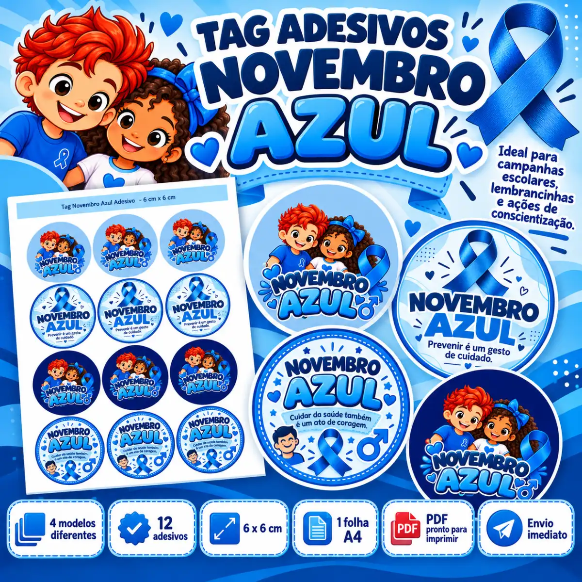 Tag Novembro Azul para imprimir – adesivo de 6 x 6 cm — Datas comemorativas para Todas as séries: Tag Novembro Azul em PDF…