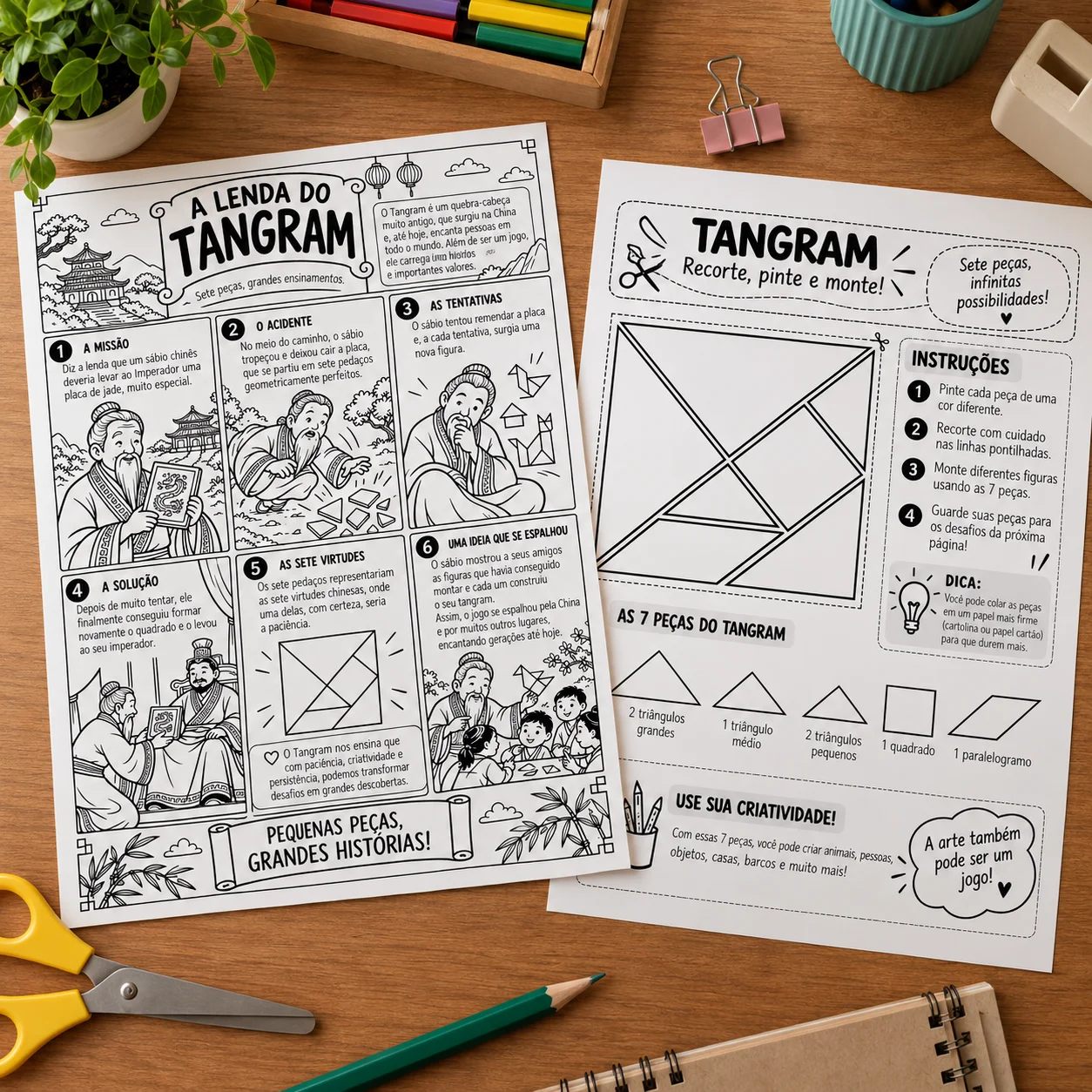 Tangram para Imprimir: Atividade com 7 Peças e Figuras para Montar — amostra 2: 4 páginas de atividades