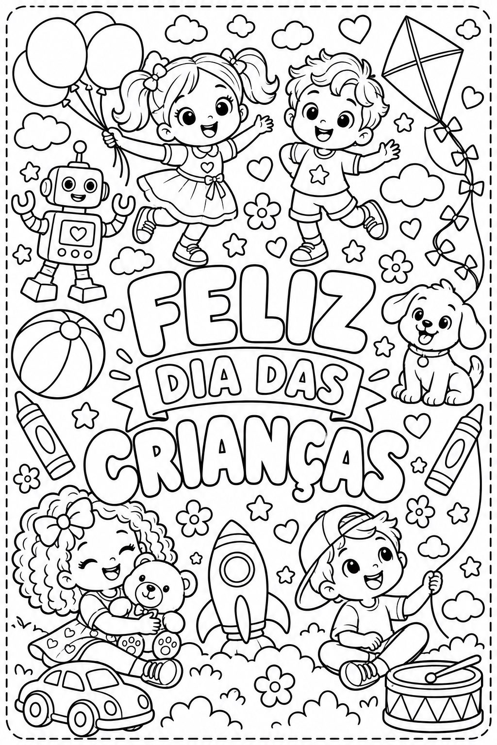 Tapete para Colorir Dia das Crianças — Desenho Simples e Ampliado — amostra 1: Tapete para colorir com crianças, brinquedos…