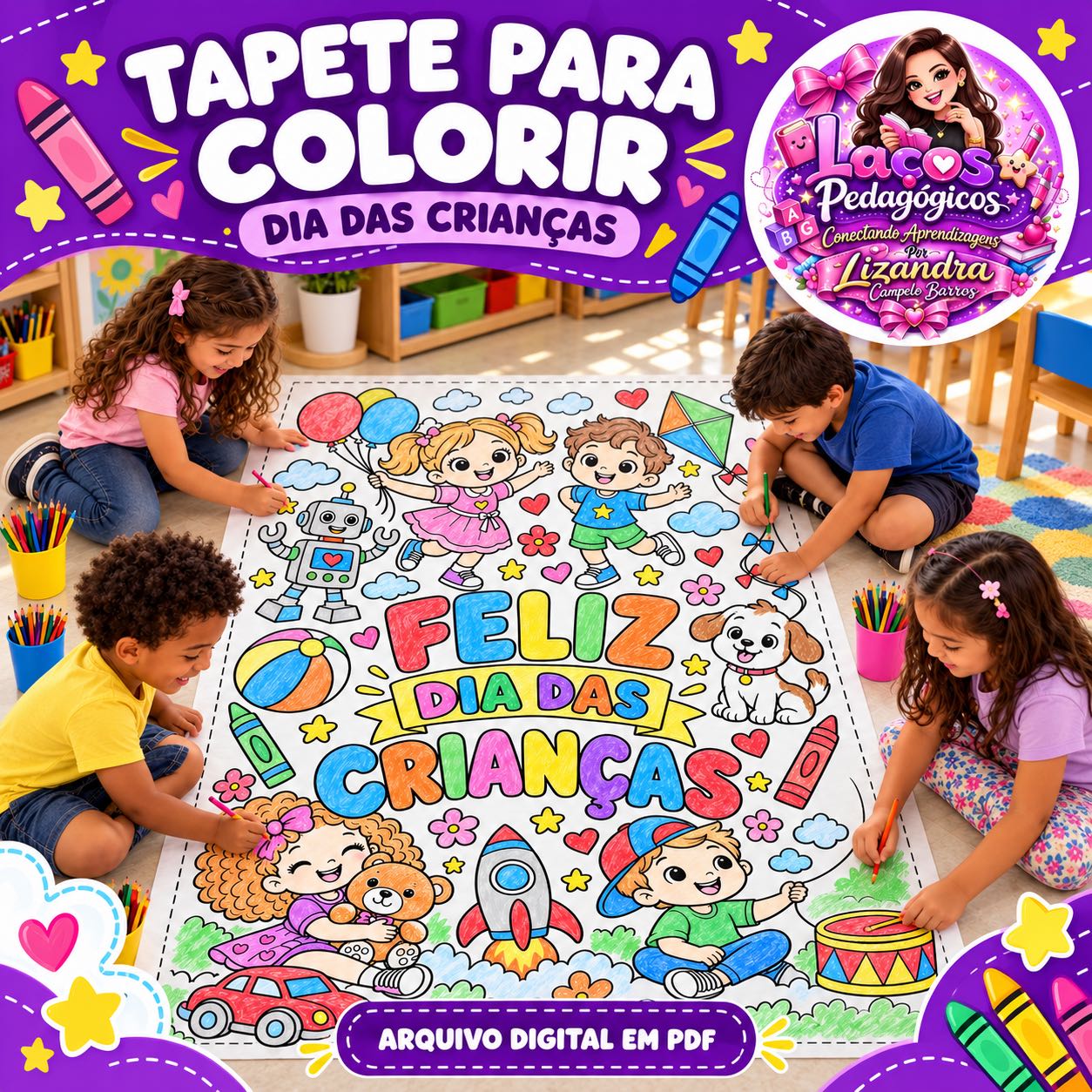 Tapete para Colorir Dia das Crianças — Desenho Simples e Ampliado — Alfabetização para Educação Infantil: Tapete para…