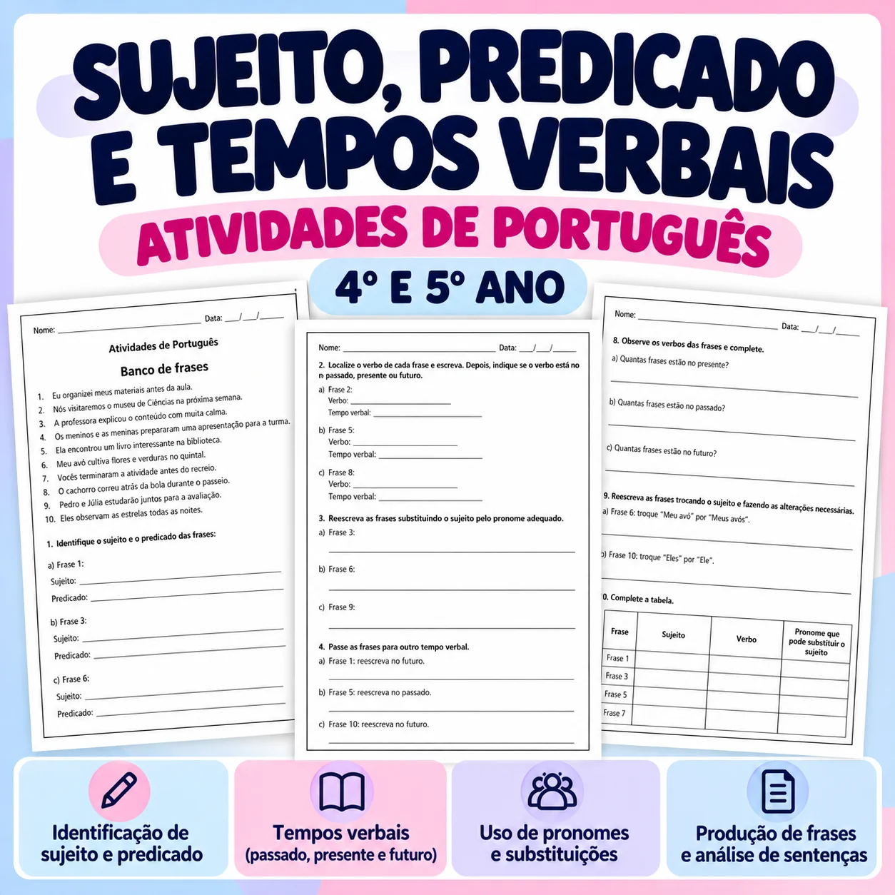 Tempos Verbais, Sujeito, Predicado e | Português 4º e 5º Ano — capa do material