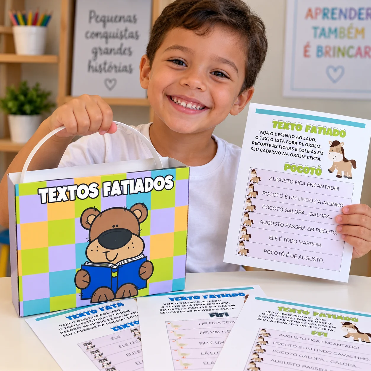 Textos Fatiados com Maletinha – Material Pedagógico — Alfabetização para Educação Infantil: O material acompanha uma linda…