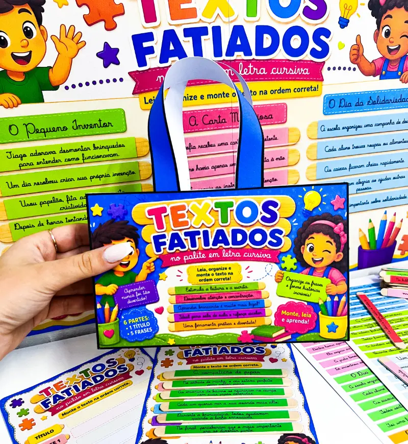 Textos Fatiados em Letra Cursiva para Montar nos Palitos — amostra 1: Textos fatiados em letra cursiva para alfabetização