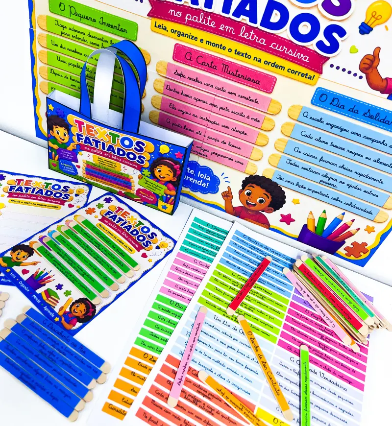 Textos Fatiados em Letra Cursiva para Montar nos Palitos — amostra 3: Como utilizar em sala de aula