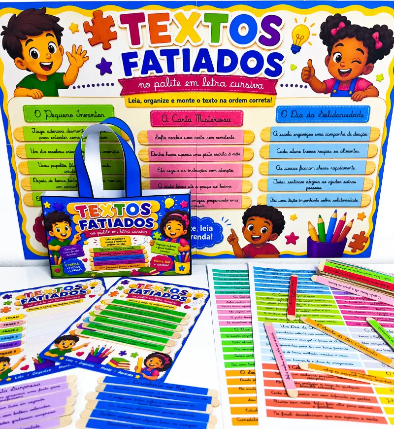 Textos Fatiados em Letra Cursiva para Montar nos Palitos — Alfabetização para Todas as séries: Trabalhe leitura e sequência…