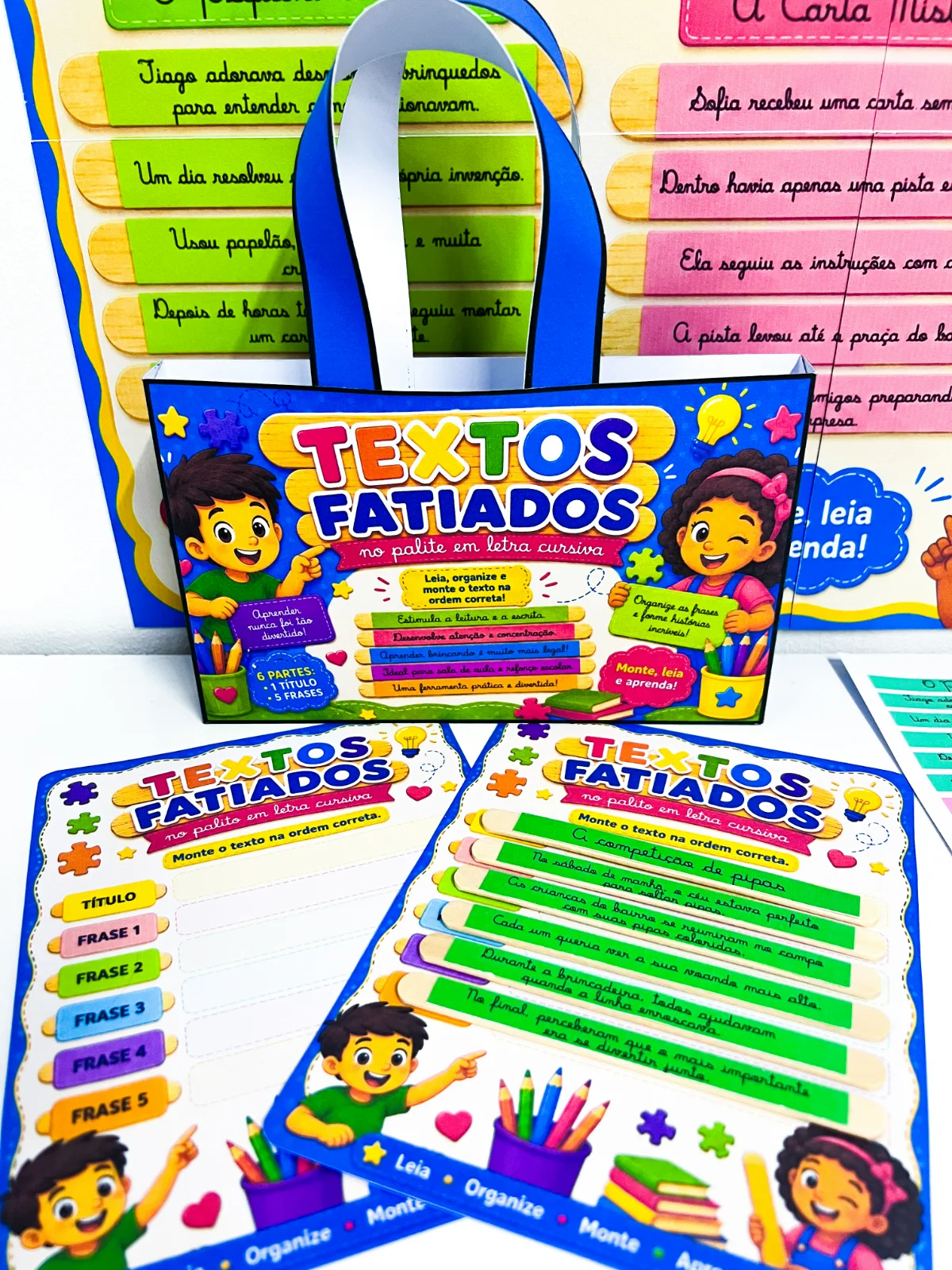 Textos Fatiados no Palito Letra Cursiva | Alfabetização — amostra 1: O que vem no material