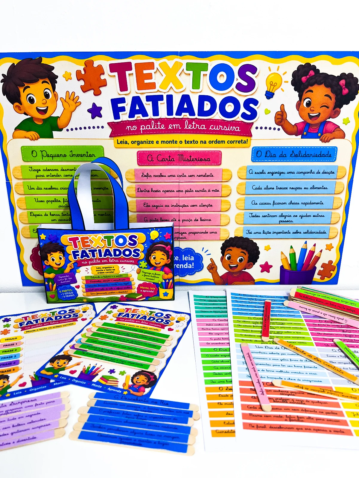 Textos Fatiados no Palito Letra Cursiva | Recurso Alfabetização para Imprimir — amostra 1: O Textos Fatiados no Palito –…