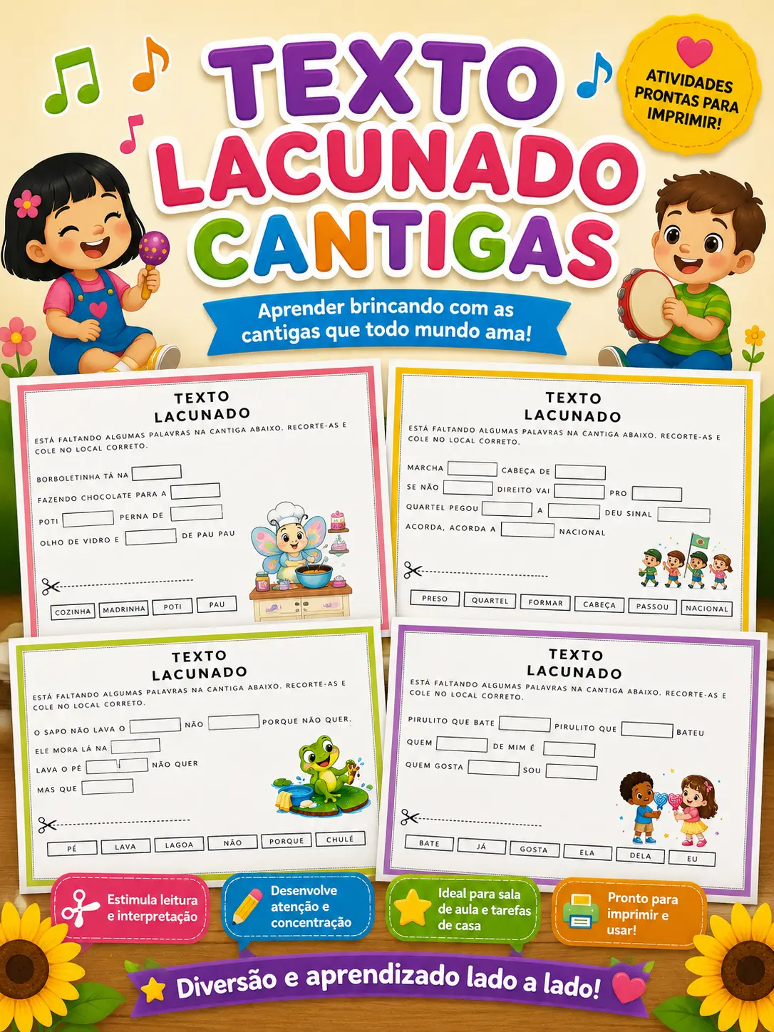 TEXTOS LACUNADOS – CANTIGAS- ATIVIDADE LUDICA ANOS INICIAIS — capa do material