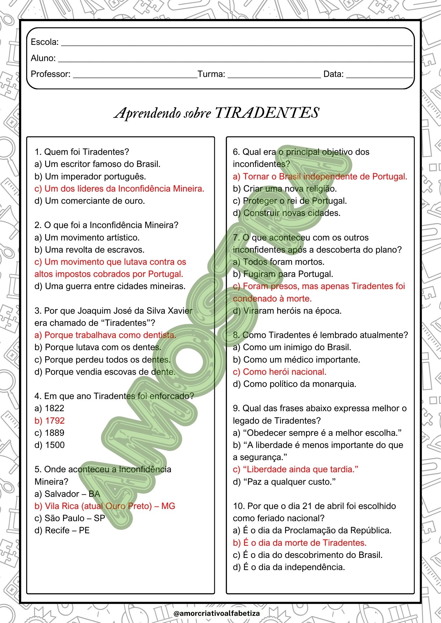 Tiradentes – Atividade de história para imprimir (3º ao 5º ano) | Anos Iniciais — amostra 3: Tiradentes – Atividade de…