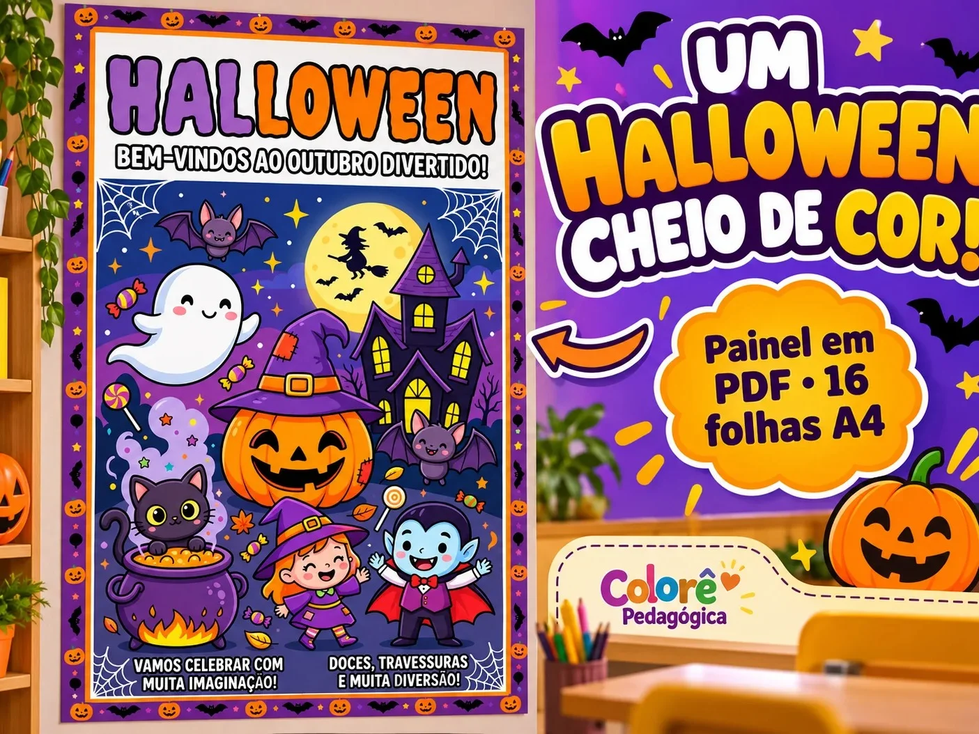 🎃 TÍTULO Painel Halloween em PDF – 16 Folhas A4 para Imprimir — amostra 1: ATENÇÃO: produto digital. Nenhum material…