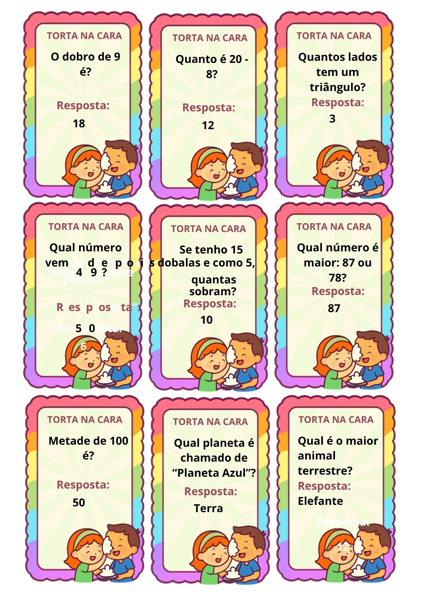 Torta na Cara: Jogo Educativo de Perguntas e Respostas Divertidas — amostra 1: Dicas de Impressão