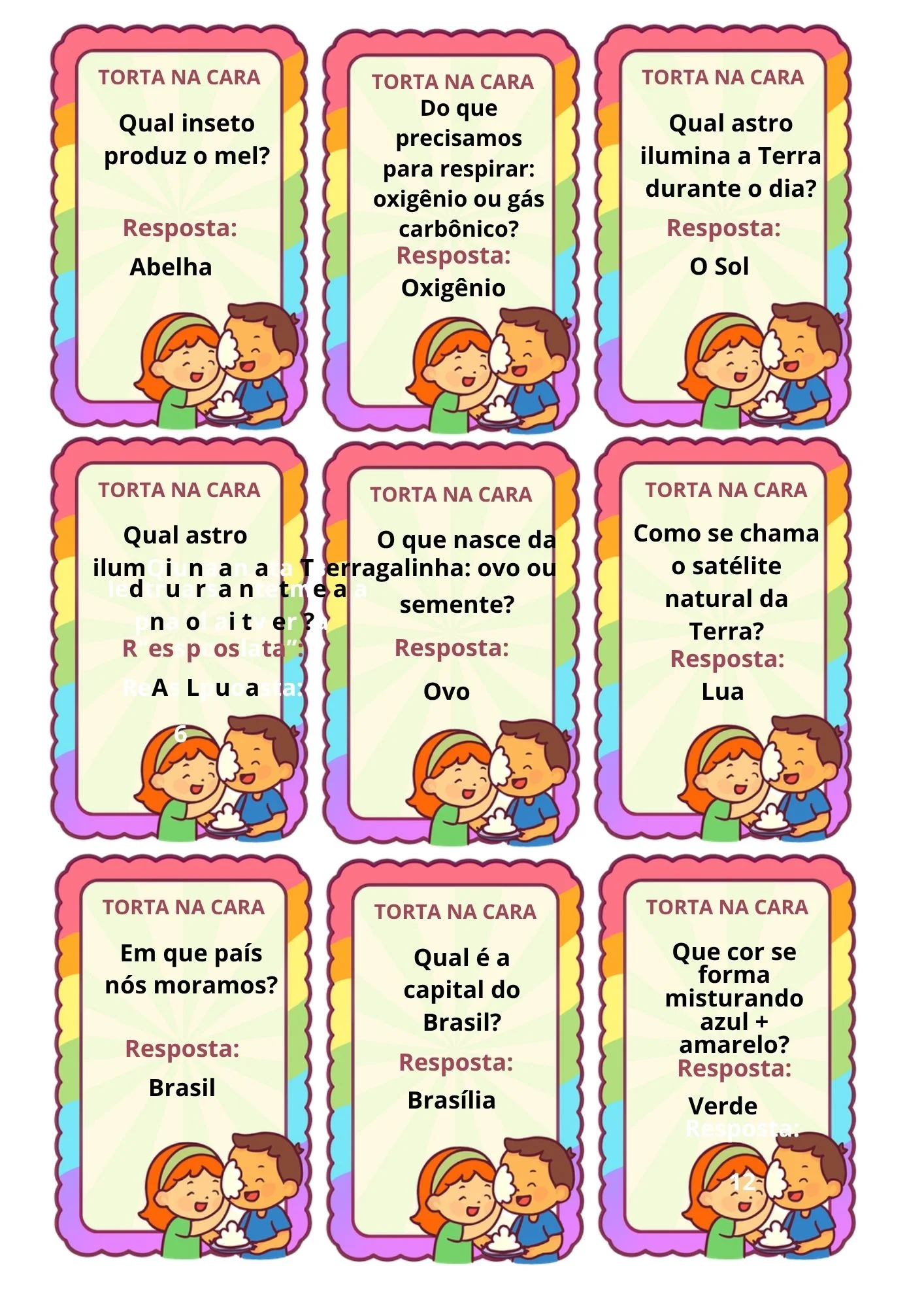 Torta na Cara: Jogo Educativo de Perguntas e Respostas Divertidas — amostra 2: Jogo pedagógico Torta na Cara