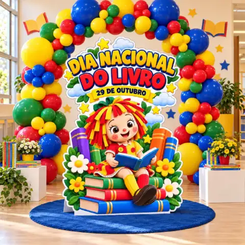 Totem Dia Nacional do Livro Emília + Brinde — amostra 1: Decore o Dia Nacional do Livro com a Emília em estilo 3D e cores…