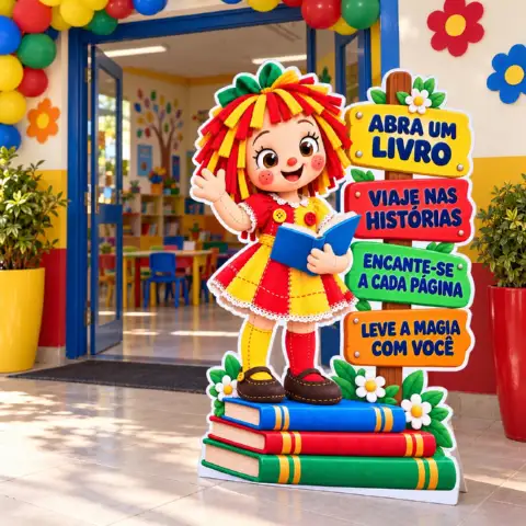 Totem Emília para Cantinho da Leitura Dia do livro — amostra 1: Encante sua escola com a Emília e frases de incentivo à…