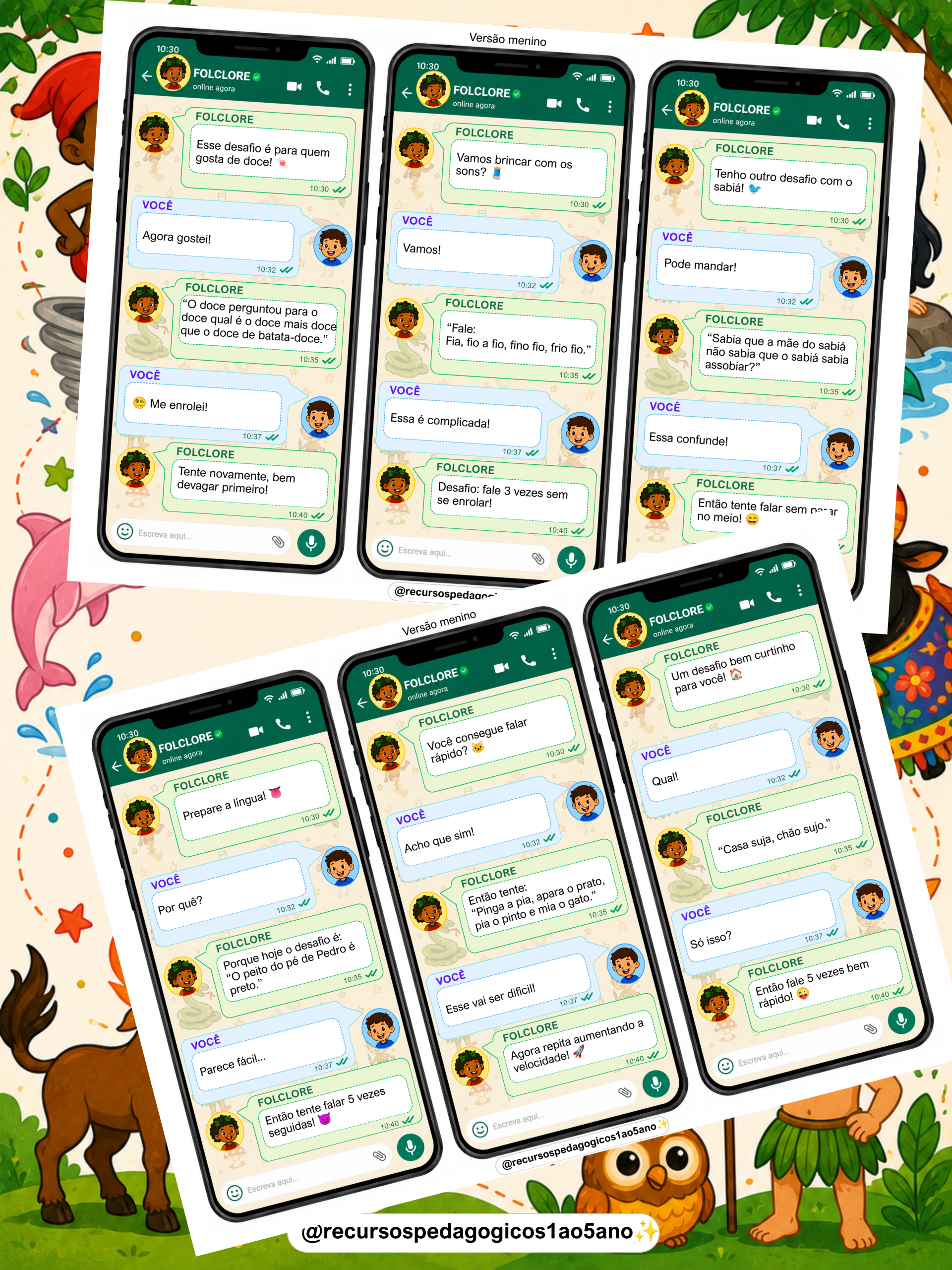Trava-Línguas – Desafio na Tela do WhatsApp 2º ao 5º ano – PDF para Imprimir — amostra 1: O que vem no material