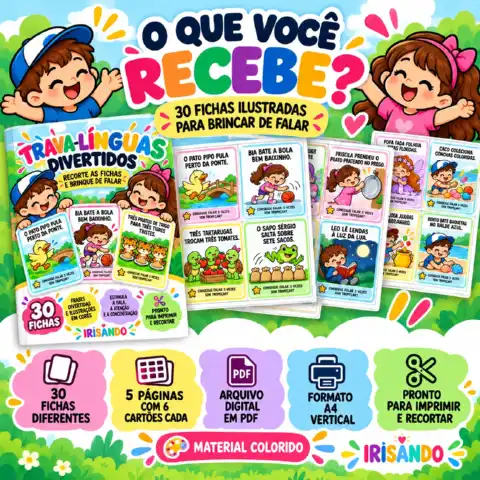 Trava-Línguas Divertidos – 30 Fichas Ilustradas — amostra 1: O Trava-Línguas Divertidos é um material lúdico e colorido com…