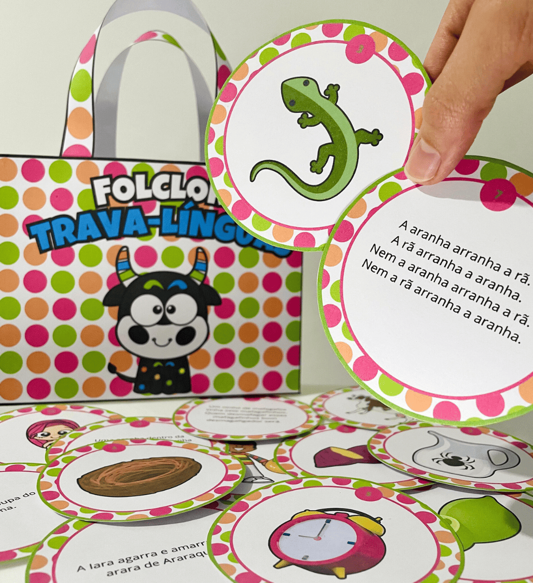 Trava-línguas do folclore: fichas ilustradas em PDF — amostra 2: O que vem no material