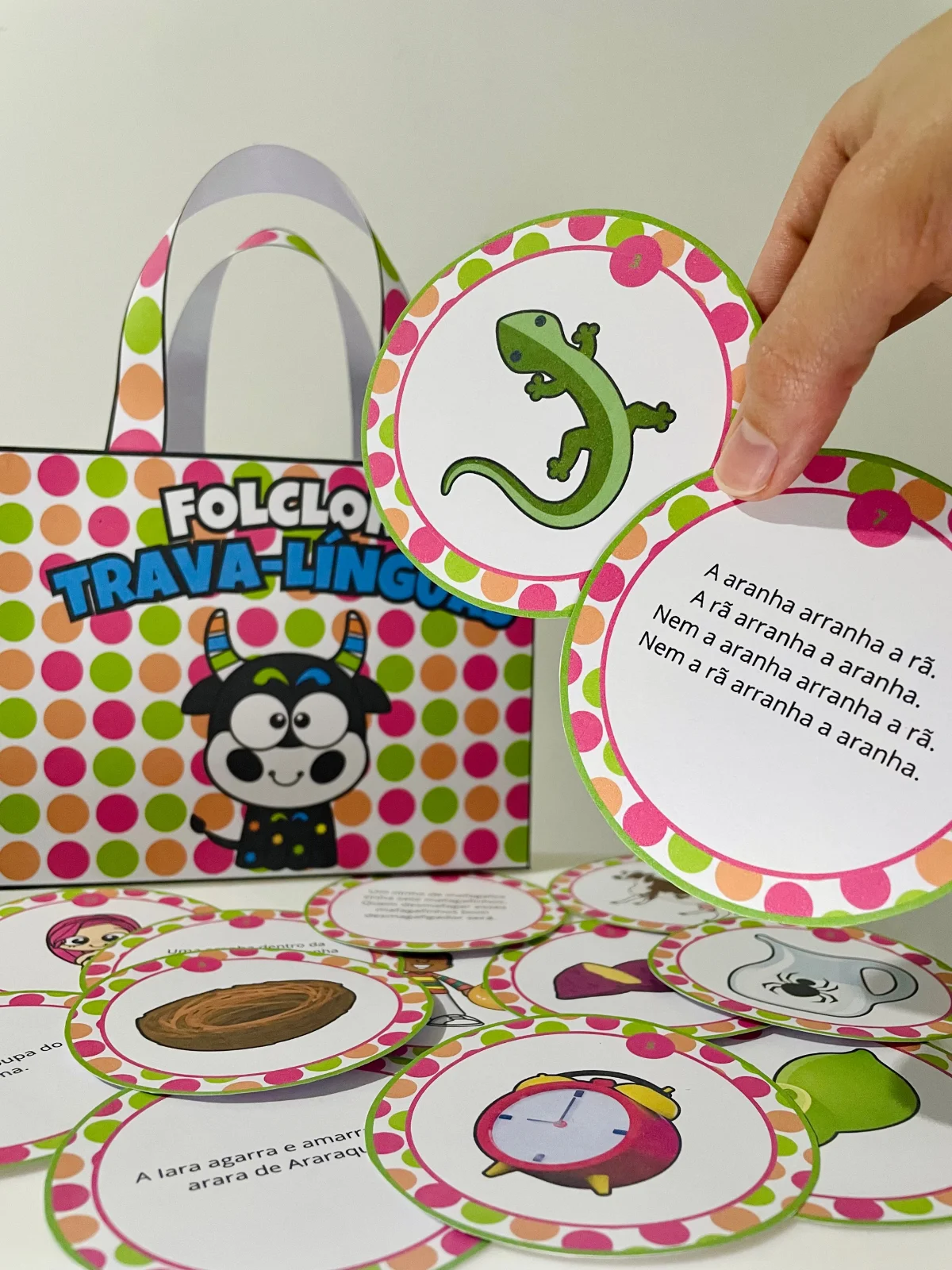 Trava-línguas do Folclore – PDF para Imprimir — amostra 5: Fichas duplas – uma com o trava-língua e outra com a ilustração…