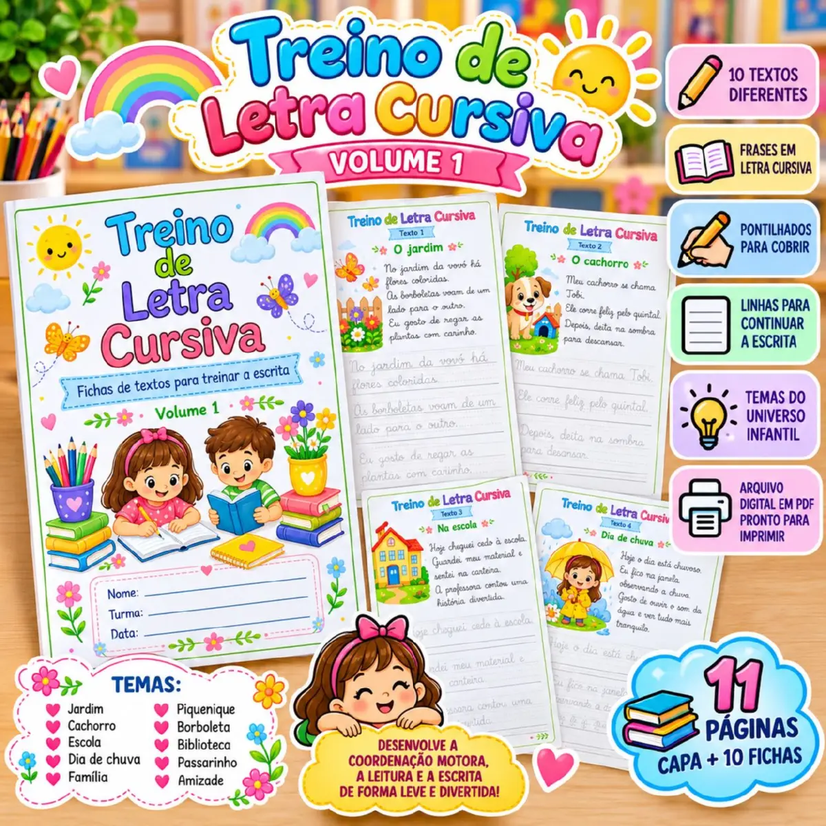 Treino de Letra Cursiva Apostila com Textos para Caligrafia e Escrita — Alfabetização para Educação Infantil: Apostila de…