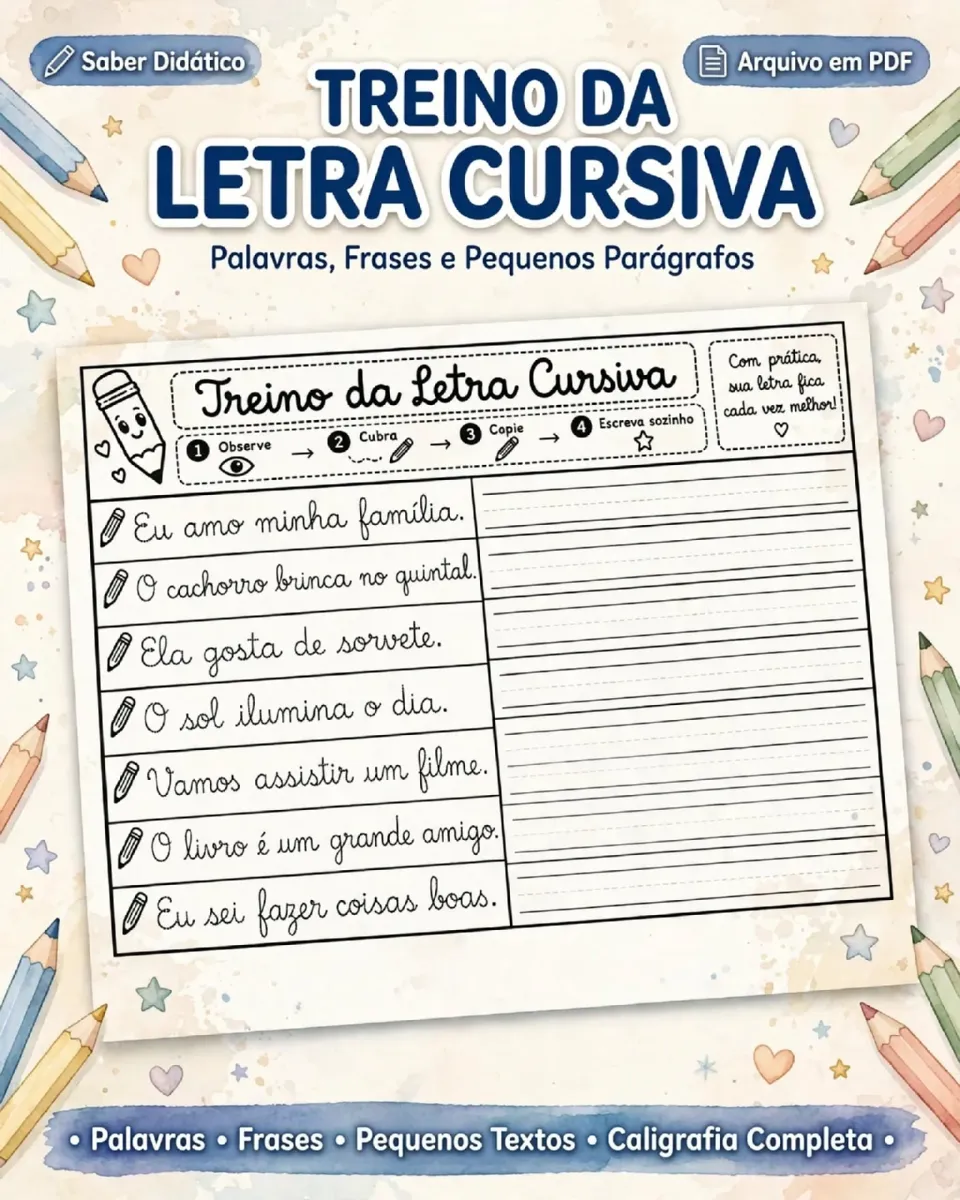 Treino de Letra Cursiva - Da palavra ao parágrafo — Alfabetização para Todas as séries: 📚Da palavra ao parágrafo:…