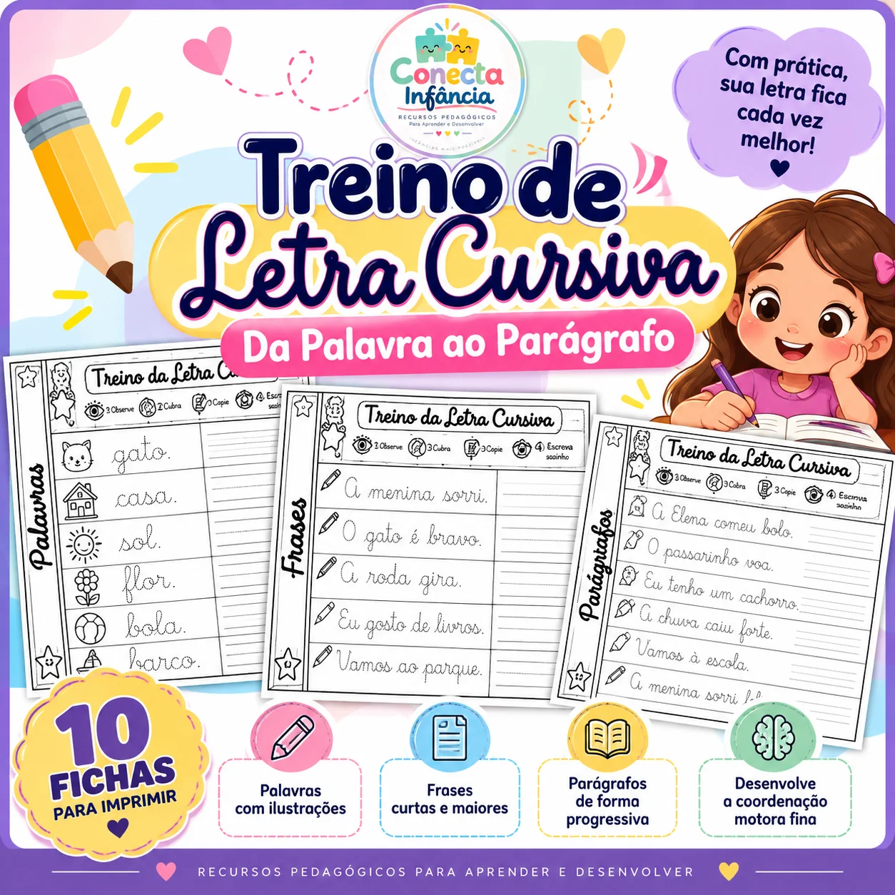 Treino de Letra Cursiva | Da Palavra ao Parágrafo — Alfabetização para 2º ano: Atividades de letra cursiva para imprimir