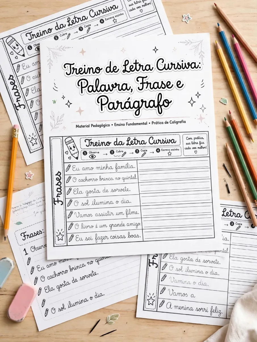 Treino de Letra Cursiva - Palavra, Frase e Parágrafo — Alfabetização para 1º ano: Uma atividade prática para desenvolver a…
