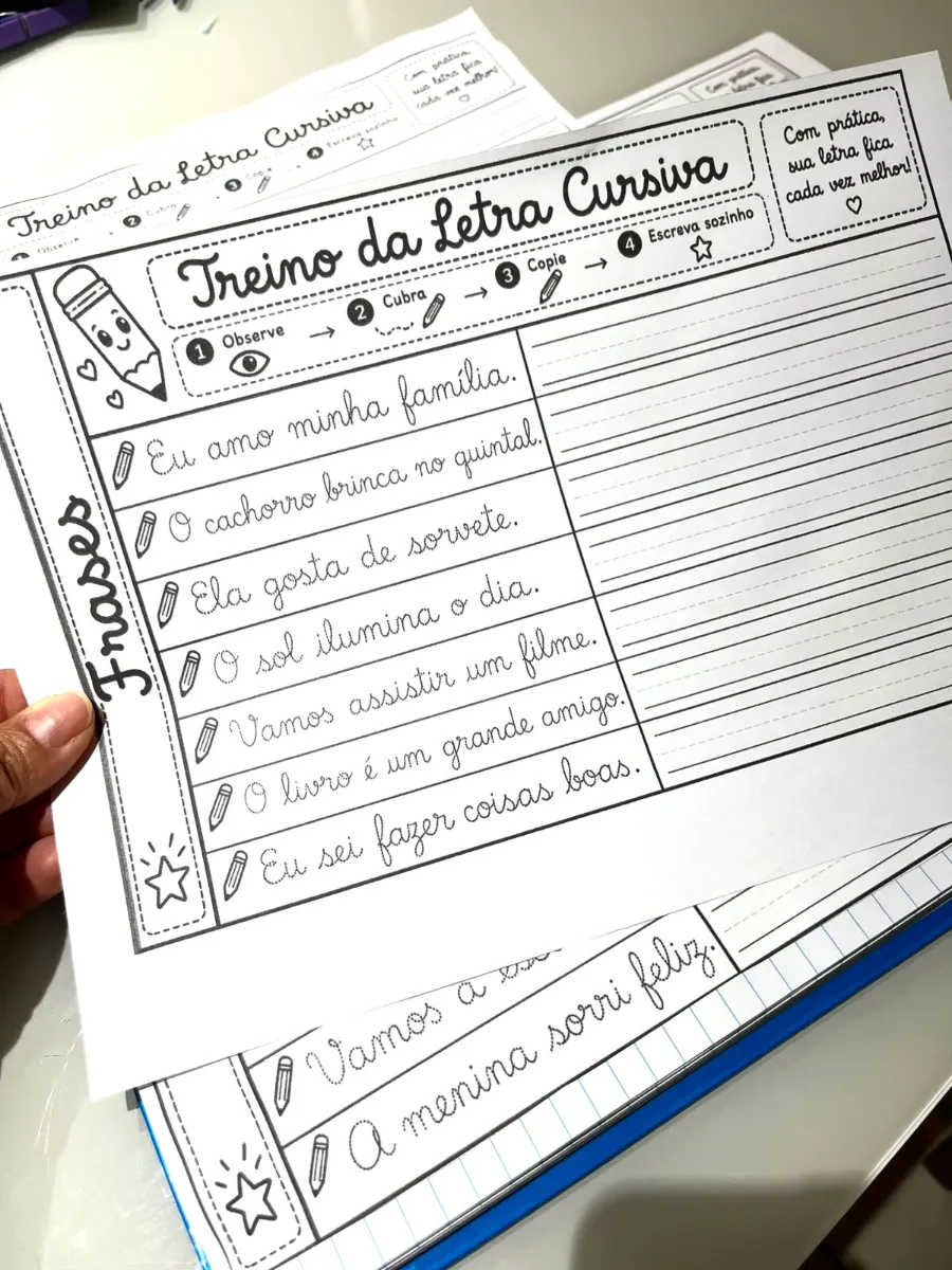 Treino de Letra Cursiva - Palavra, Frase e Parágrafo — amostra 4: Uma atividade prática para desenvolver a coordenação…