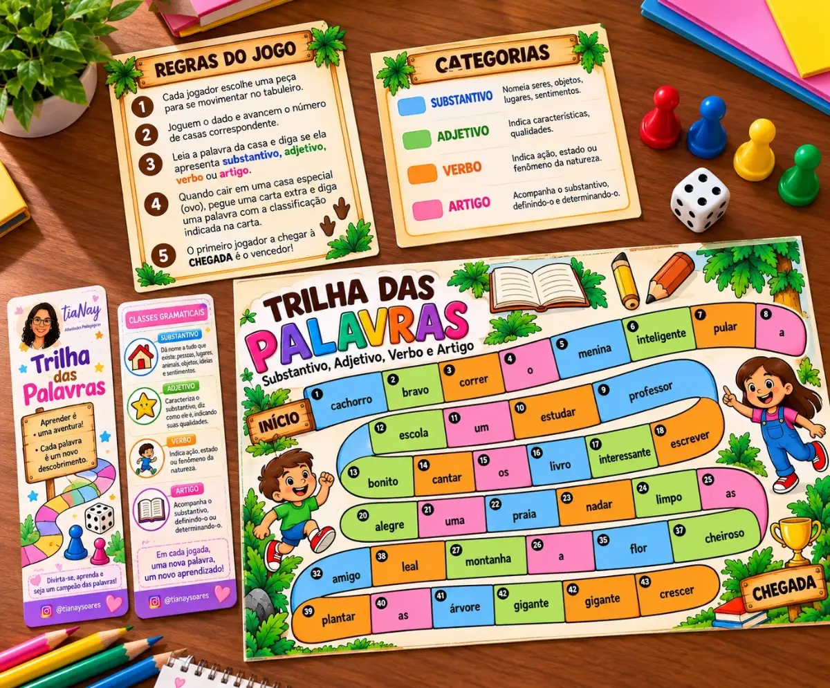 Trilha da gramática para imprimir com marcador de página — Atividades para Ensino Fundamental I (1º–5º): O PDF Trilha da…
