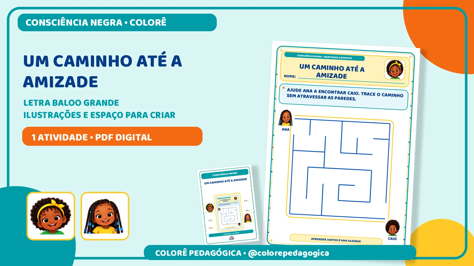 Um caminho até a amizade | Consciência Negra — amostra 2: Labirinto para ajudar Ana a encontrar Caio, com personagens negros