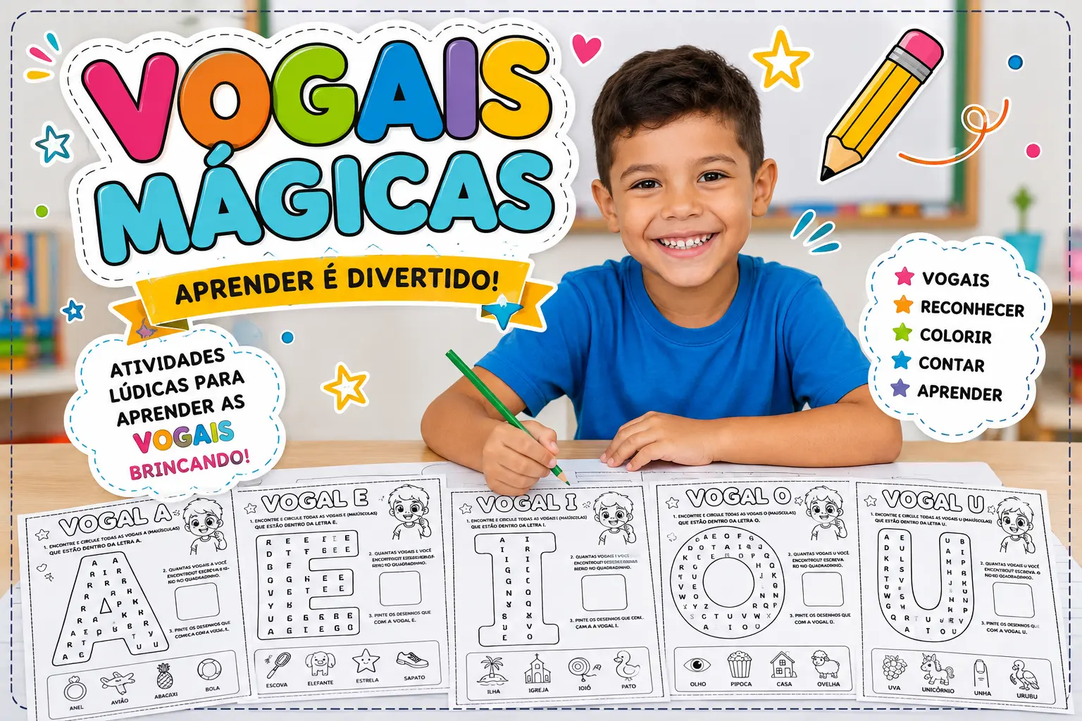 Um recurso pensado especialmente para tornar o aprendizado das vogais. — capa do material