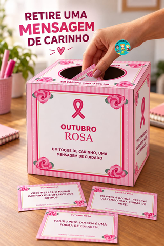 🎀 UM TOQUE DE CARINHO, UMA MENSAGEM DE CUIDADO! 💰8,00 Transforme seu espaço em um cantinho de acolhimento com a Caixa de Mensagens Outubro Rosa! 💗  Uma caixa decorada com abertura circular para cada pessoa colocar a mão e retirar uma mensagem de carinho, autoestima e cuidado.  ✨ O KIT INCLUI: 🎀 Molde da caixa de 18 × 18 × 18 cm. 💌 40 cartões com mensagens diferentes. 🌸 Plaquinha “RETIRE UMA MENSAGEM”. ✂️ Instruções de montagem. 📖 Capa e direitos autorais.  📄 Arquivo digital em PDF, pronto para imprimir, recortar e montar. Uma ideia especial para escolas, empresas e espaços de acolhimento!  💗 Espalhe carinho neste Outubro Rosa. 📲 Chame no privado — capa do material