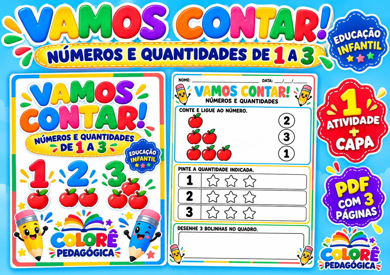 Vamos Contar! Números e Quantidades de 1 a 3 Atividade Ed.Infantil — amostra 1: Formato A4 em orientação retrato. Produto…