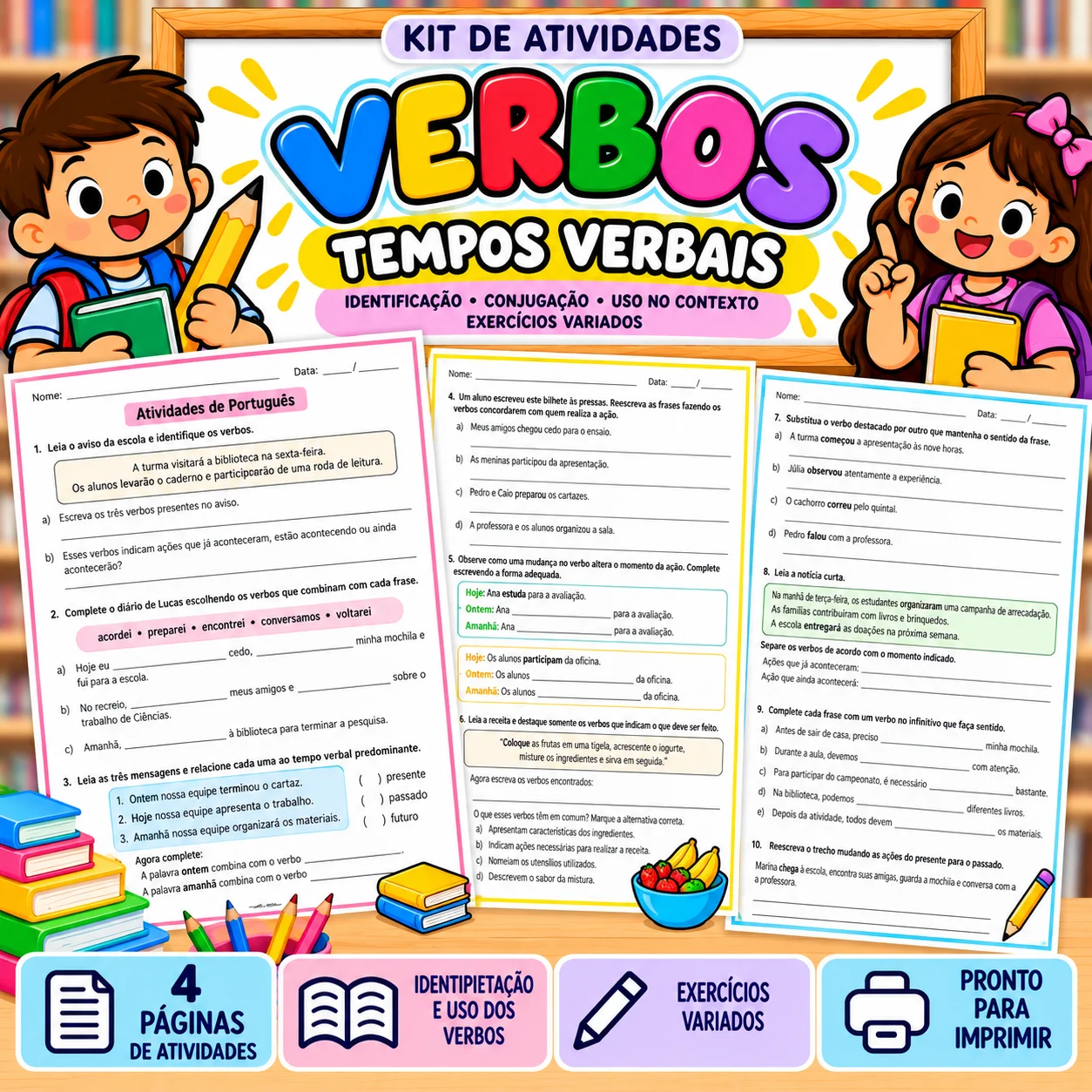 Verbos | Tempos Verbais e Concordância | 4º e 5º Ano — Português para 5º ano: Atividades sobre verbos, tempos verbais,…