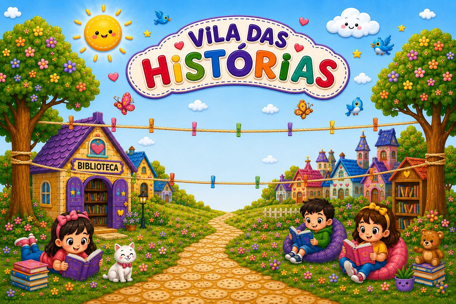 Vila das Histórias: projeto completo para incentivar a leitura — amostra 1: Painel ampliado, casinhas com textos,…